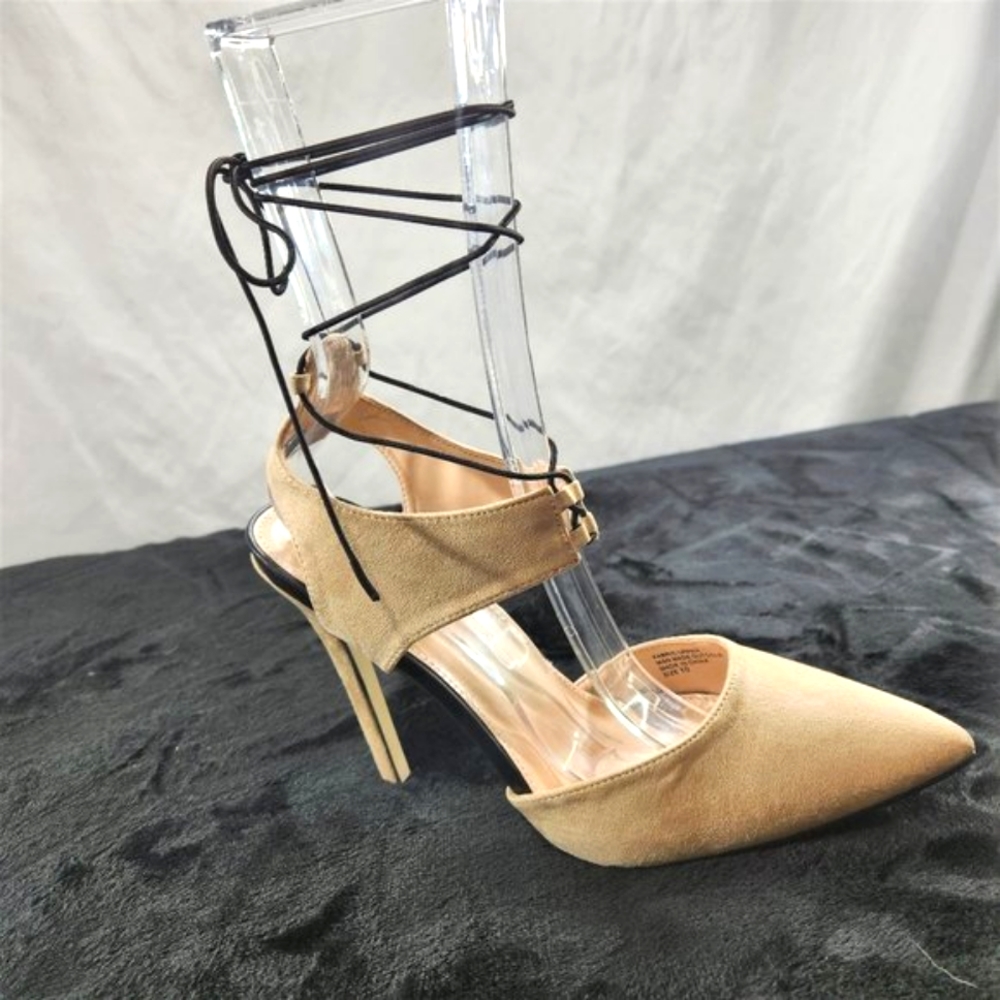 Red Cherry Nude With Black Elastic Wrap Sandals With 4 1/2" Stiletto Heels - Picture 2 of 6